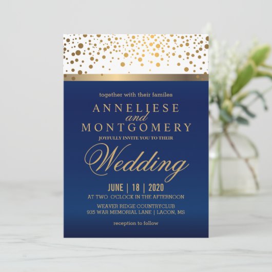 Invitation Bleu blanc et bleu marine avec points d'or - Invit (Debout devant)