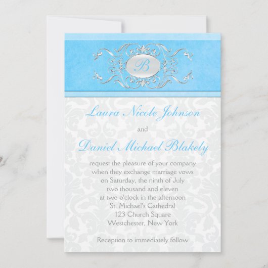 Invitation Bleu, Blanc et Damassé Gris Monogrammé (Devant)