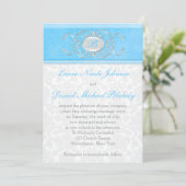 Invitation Bleu, Blanc et Damassé Gris Monogrammé (Debout devant)