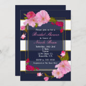 Invitation Bleu blanc et or Moderne Floral Chic Party (Devant / Derrière)