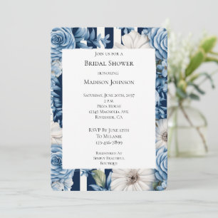 Invitation Bleu blanc Fête des mariées à rayures florales
