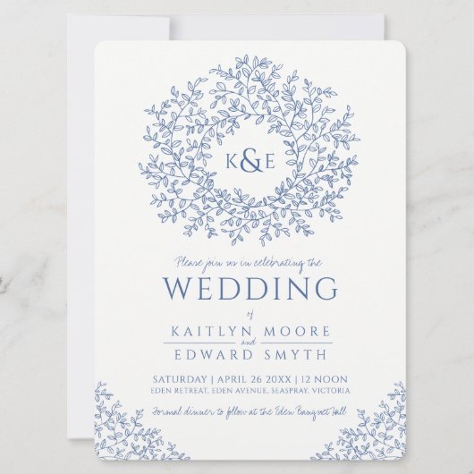 Invitation bleu blanc feuille feuille monogramme art mariage (Devant)