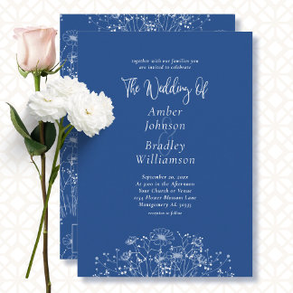 Invitation Bleu blanc Fleur sauvage élégant Floral QR Mariage
