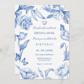 Invitation Bleu blanc fleuri élégant anniversaire (Devant / Derrière)