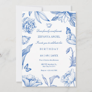 Invitation Bleu blanc fleuri élégant anniversaire