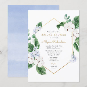 Invitation Bleu blanc fleurons doré cadre nuptiale douche