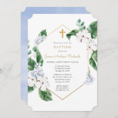 Invitation Bleu blanc fleurons or garçon baptême (Devant / Derrière)