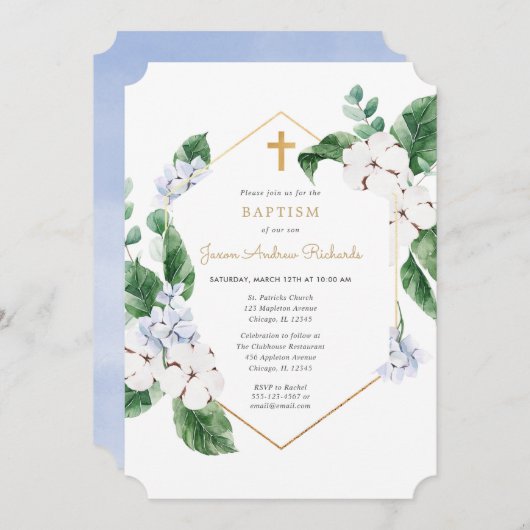 Invitation Bleu blanc fleurons or garçon baptême (Devant / Derrière)