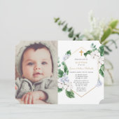 Invitation Bleu blanc fleurons or garçon baptême photo (Debout devant)