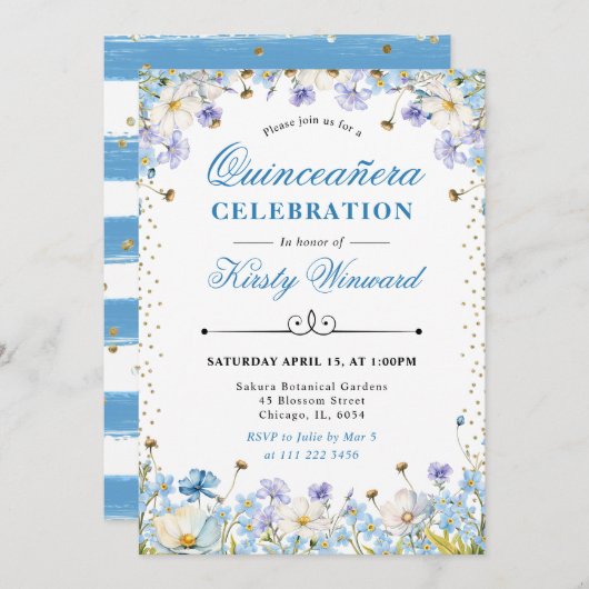 Invitation Bleu Blanc Fleurs sauvages Oubliez-moi non Quincea (Devant / Derrière)