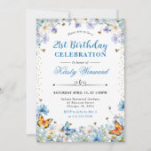 Invitation Bleu Blanc Fleurs sauvages & Papillons Anniversair (Devant)