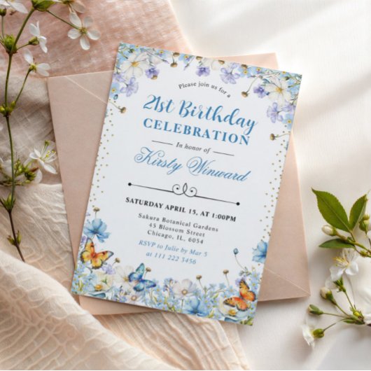 Invitation Bleu Blanc Fleurs sauvages & Papillons Anniversair