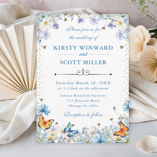 Invitation Bleu Blanc Fleurs sauvages & Papillons Mariage
