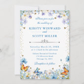 Invitation Bleu Blanc Fleurs sauvages & Papillons Mariage (Devant)