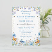Invitation Bleu Blanc Fleurs sauvages & Papillons Mariage (Debout devant)
