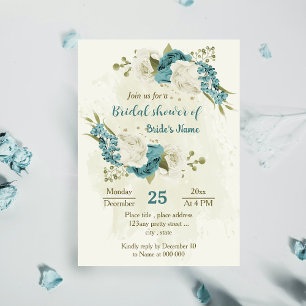 Invitation bleu blanc fleurs verdure douche nuptiale