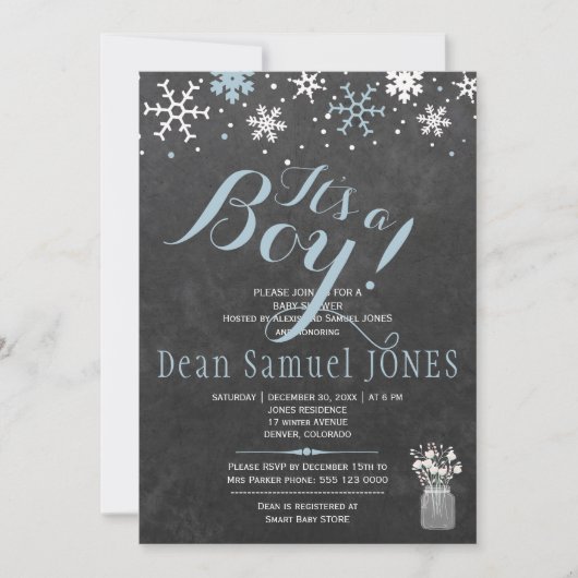 Invitation Bleu blanc flocon de neige chalkboard garçon baby  (Devant)