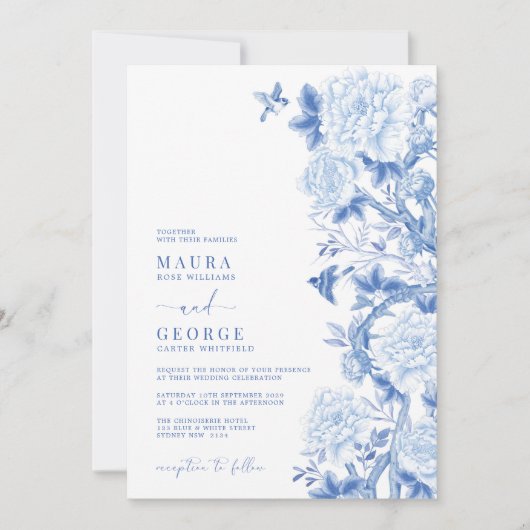Invitation Bleu Blanc Floral Birds Chinoiserie Jardin Mariage (Devant)
