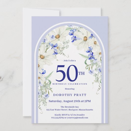 Invitation Bleu Blanc Floral Boho Arch 50e fête d'anniversair (Devant)