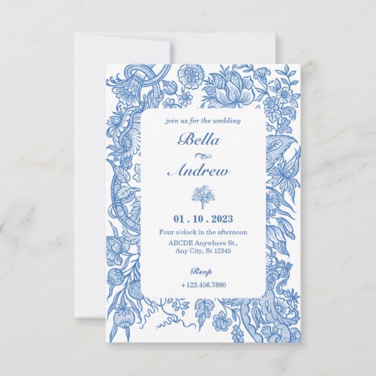 Invitation Bleu blanc floral classique mariage (Devant)