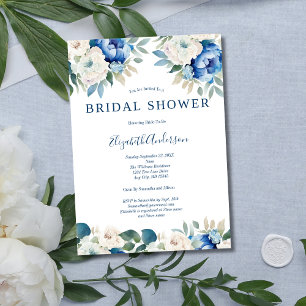 Invitation Bleu Blanc Floral Élégant Nuptiale Douche Invitati