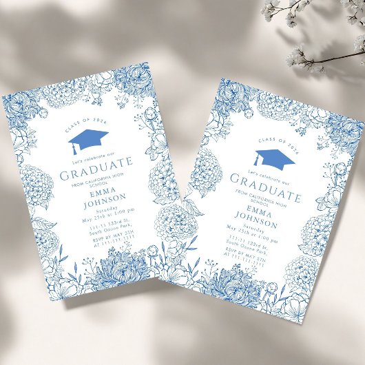 Invitation Bleu Blanc Floral Graduation Party