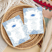 Invitation Bleu Blanc Floral Graduation Party