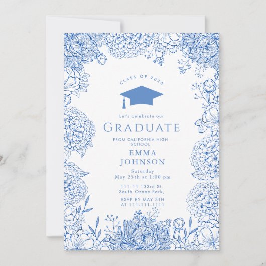 Invitation Bleu Blanc Floral Graduation Party (Devant)