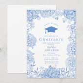 Invitation Bleu Blanc Floral Graduation Party (Devant / Derrière)