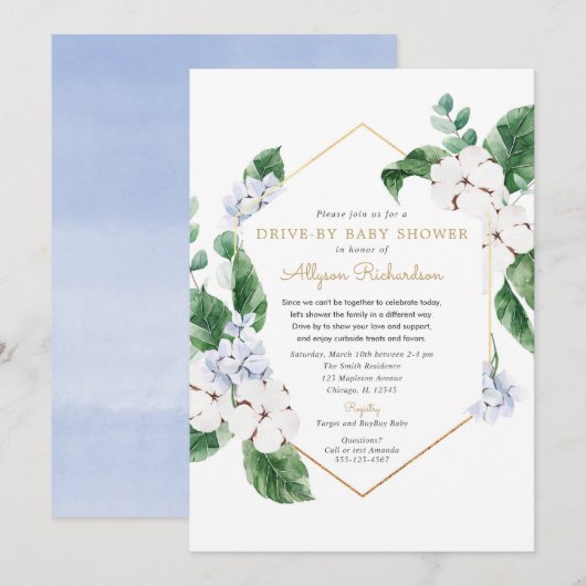 Invitation Bleu blanc floral or Drive by spring baby shower (Devant / Derrière)