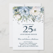 Invitation Bleu Blanc Floral Pailleté Argent 25e Anniversaire (Devant)