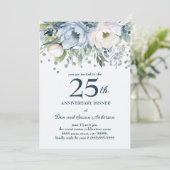Invitation Bleu Blanc Floral Pailleté Argent 25e Anniversaire (Debout devant)