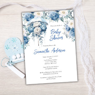 Invitation Bleu Blanc Floral Parapluie Baby shower Garçon