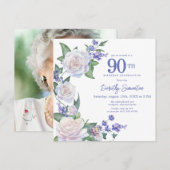 Invitation Bleu Blanc Floral photo 90e Carré d'anniversaire (Devant / Derrière)