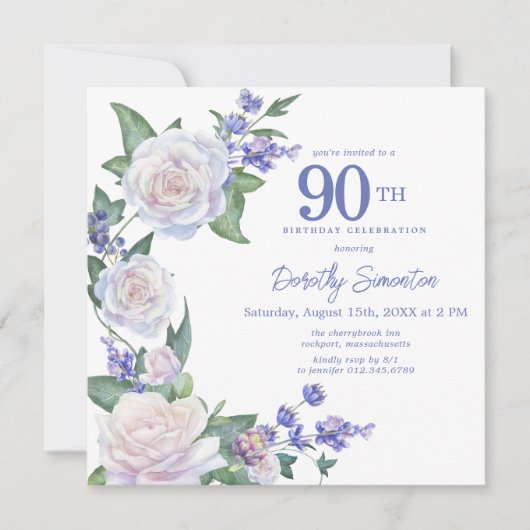 Invitation Bleu Blanc Floral photo 90e Carré d'anniversaire (Devant)
