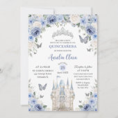 Invitation Bleu Blanc Floral Princesse Château Quinceañera XV (Devant)