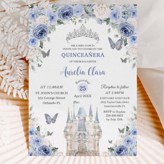 Invitation Bleu Blanc Floral Princesse Château Quinceañera XV