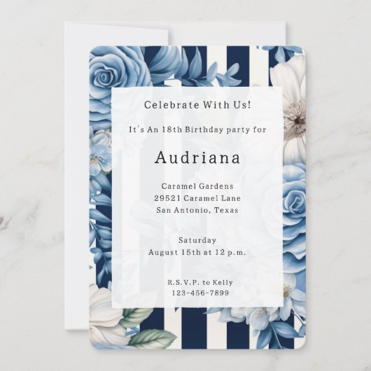 Invitation Bleu Blanc Fruits Floraux Anniversaire (Devant)