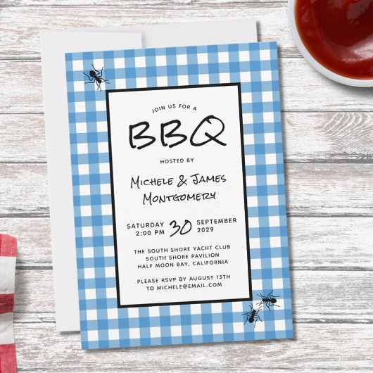 Invitation Bleu Blanc Gingham Classique Fourmis Pique-Nique F