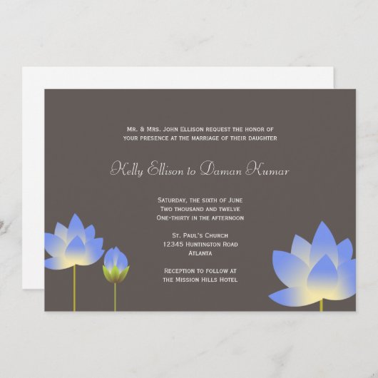 Invitation Bleu blanc lotus fleurs ardoise moderne gris maria (Devant / Derrière)