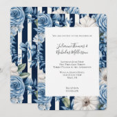 Invitation Bleu blanc Mariage à rayures florales (Devant / Derrière)