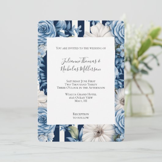 Invitation Bleu blanc Mariage à rayures florales (Debout devant)