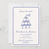 Invitation Bleu blanc, mariage dessiné à la main enregistrer (Devant)