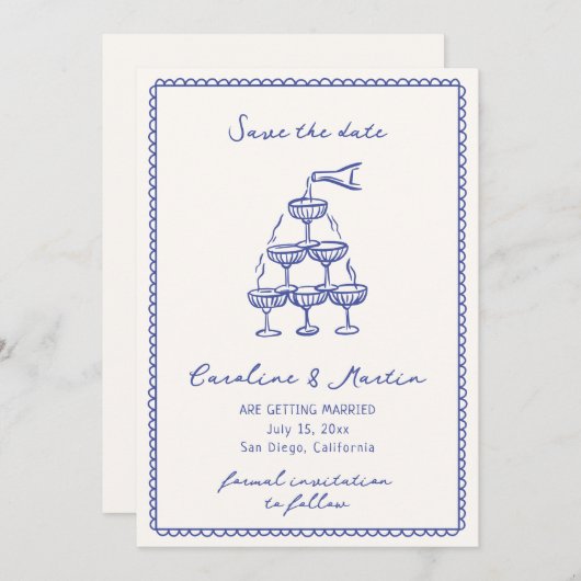 Invitation Bleu blanc, mariage dessiné à la main enregistrer (Devant / Derrière)