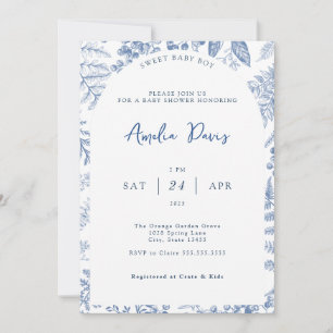 Invitation Bleu Blanc Moderne Classique Floral Baby Boy Douch