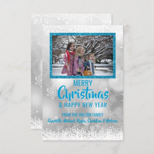 Invitation Bleu Blanc neige Parties scintillant Noël Nouvel A (Devant / Derrière)