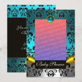 INVITATION BLEU BLANC NOIR DAMAS BÉBÉ SHOWER MONOGRAMME (Devant / Derrière)