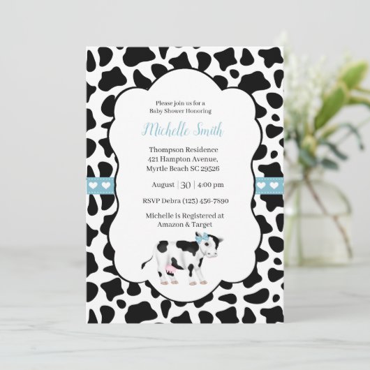 Invitation Bleu Blanc Noir Vache Imprimer Baby shower Invitat (Debout devant)