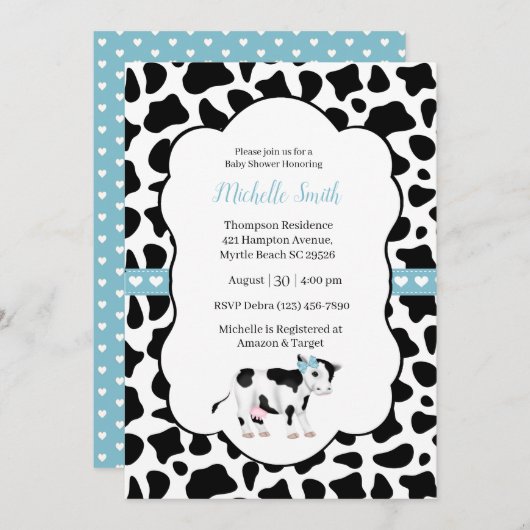 Invitation Bleu Blanc Noir Vache Imprimer Baby shower Invitat (Devant / Derrière)