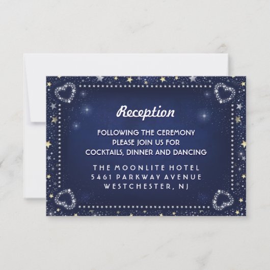 Invitation Bleu Blanc Or 3,5 x 5 Coeurs & Étoiles Réception (Devant)